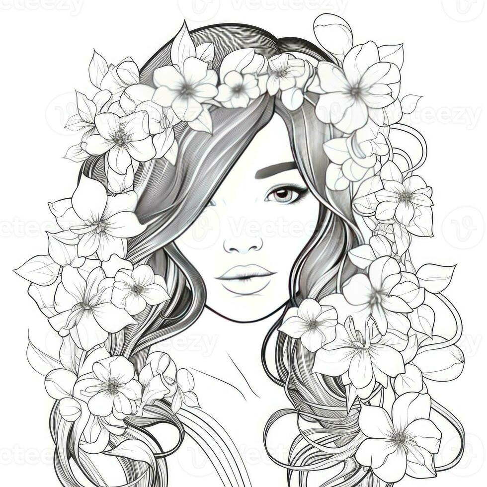 AI generated A girl on a coloring book page with Jasmine flowers. AI Generated photo