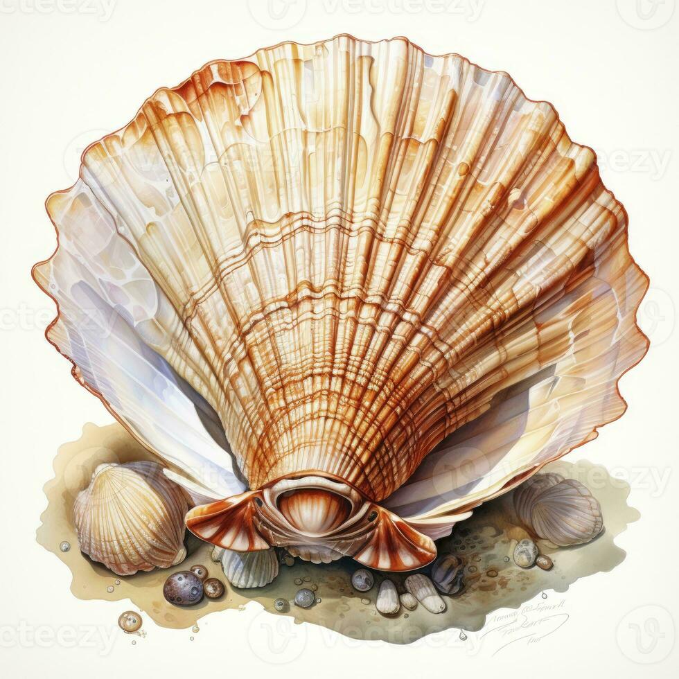 AI generated Watercolor Seashell clipart on white background. AI Generated photo