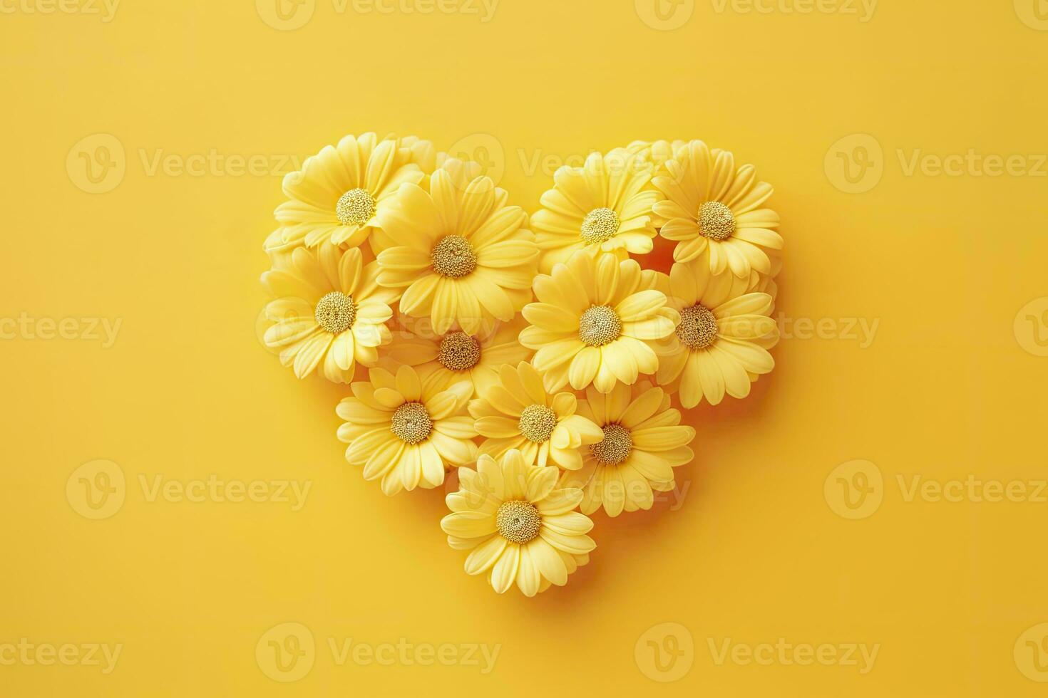 AI generated Yellow Heart Shaped By Yellow Daisies Over Yellow Background. AI Generated photo
