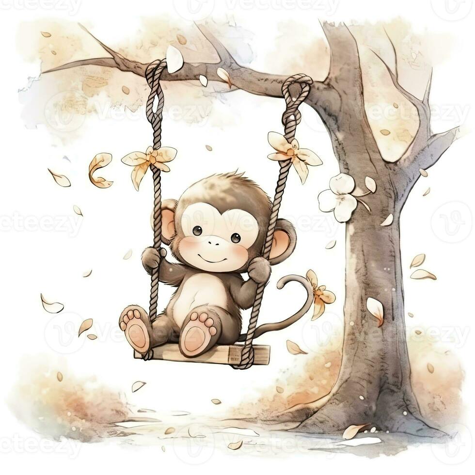 AI generated Cute happy baby monkey on swings on a tree in watercolor. AI Generated photo