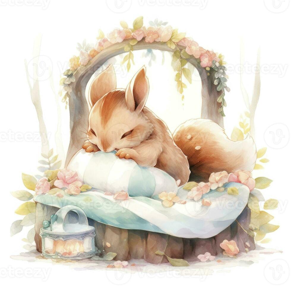 AI generated A sleepy baby squirrel in a bedding. watercolor illustration. AI Generated photo