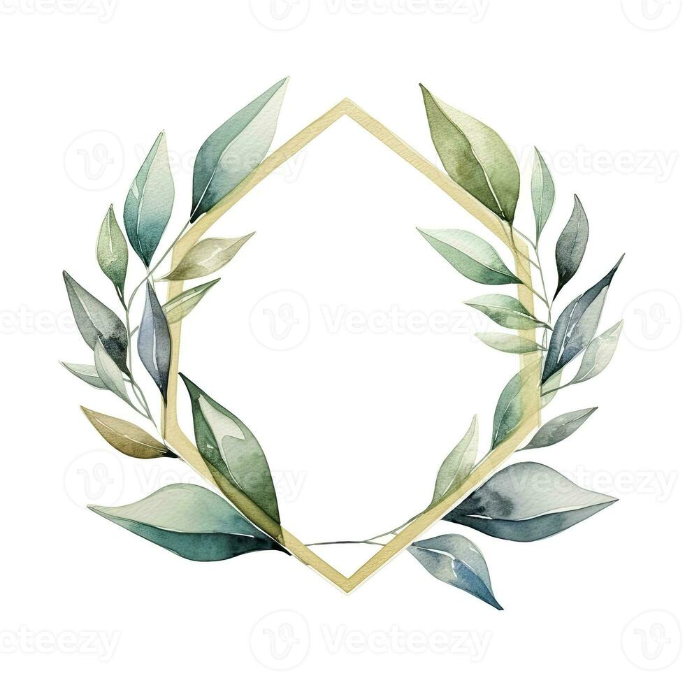 AI generated Watercolor geometry shape wreath with green leaf. AI Generated photo