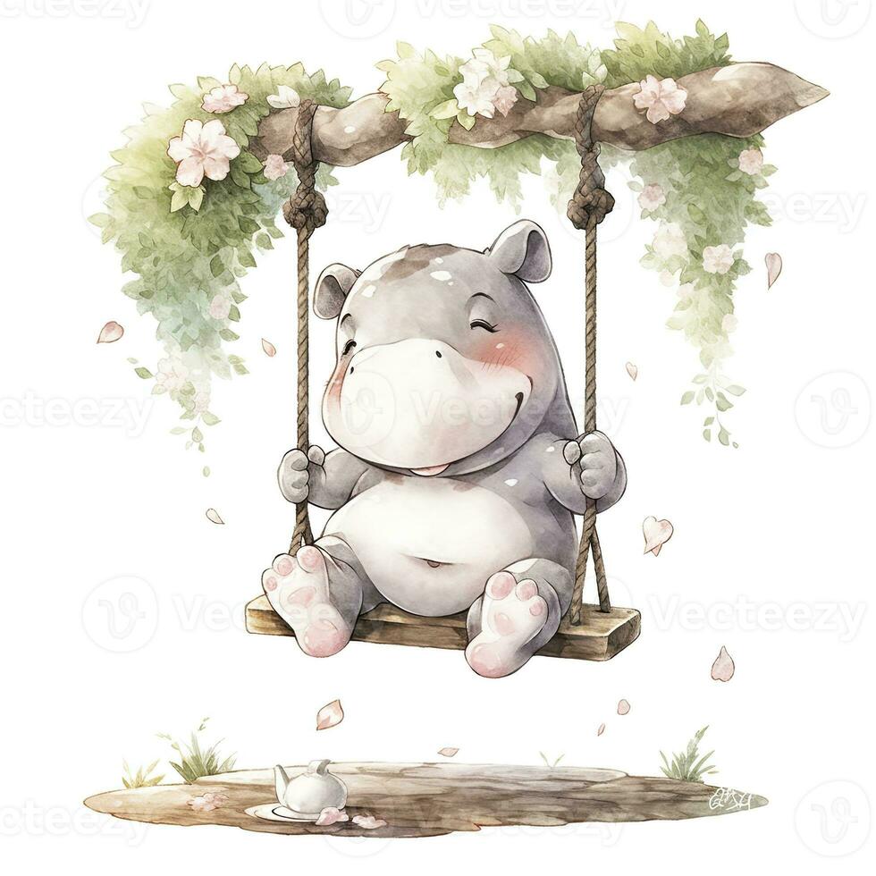 AI generated Cute happy baby rhino on swings in the tree in watercolor style. AI Generated photo