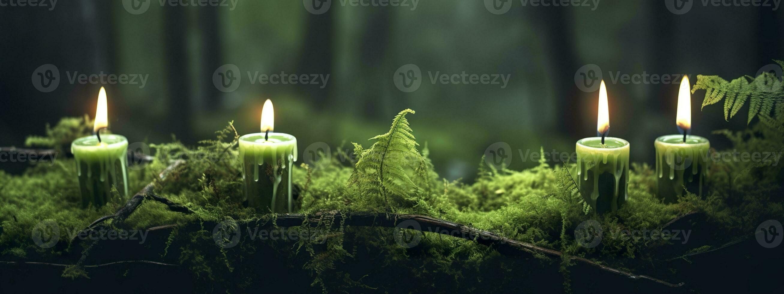 AI generated Burning candles on moss, dark green blurred the natural background. Magic candle. Generative AI photo