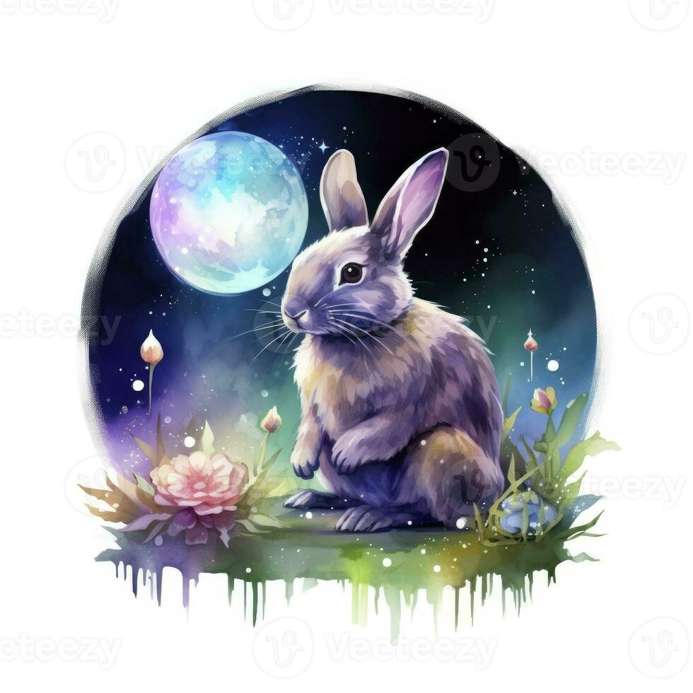 AI generated Watercolor Rabbit and Glowing Moon for T-shirt Design. AI Generated photo