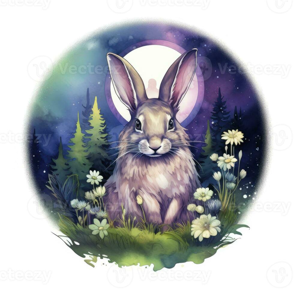 AI generated Watercolor Rabbit and Glowing Moon for T-shirt Design. AI Generated photo
