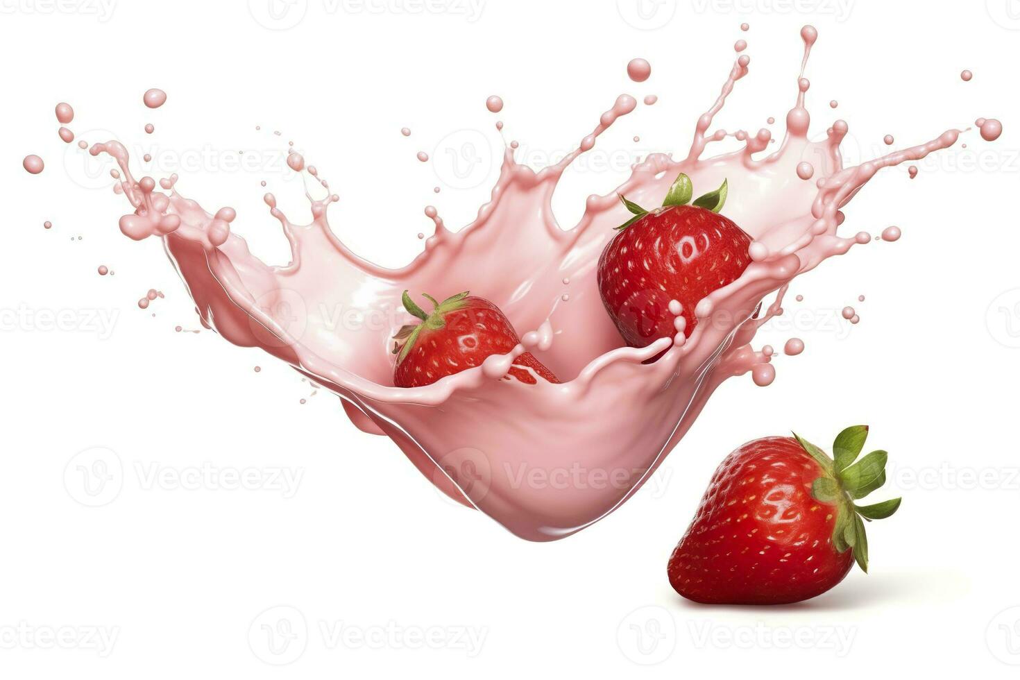 AI generated milk or yogurt splash with strawberries isolated on white background, 3d rendering. AI Generated photo
