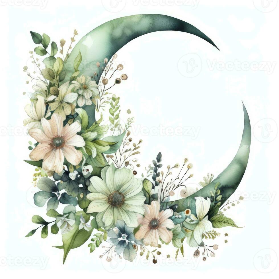 AI generated Watercolor floral Moon with greenery on a white background. AI Generated photo