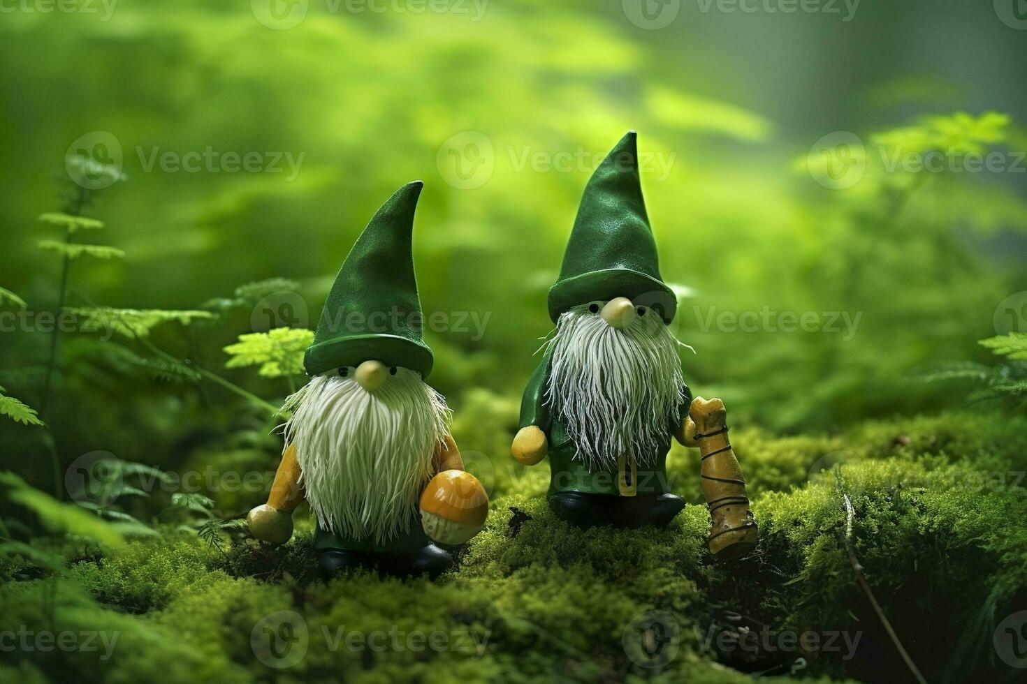 AI generated Toy Irish gnomes in a mystery forest, abstract green natural background. Generative AI photo