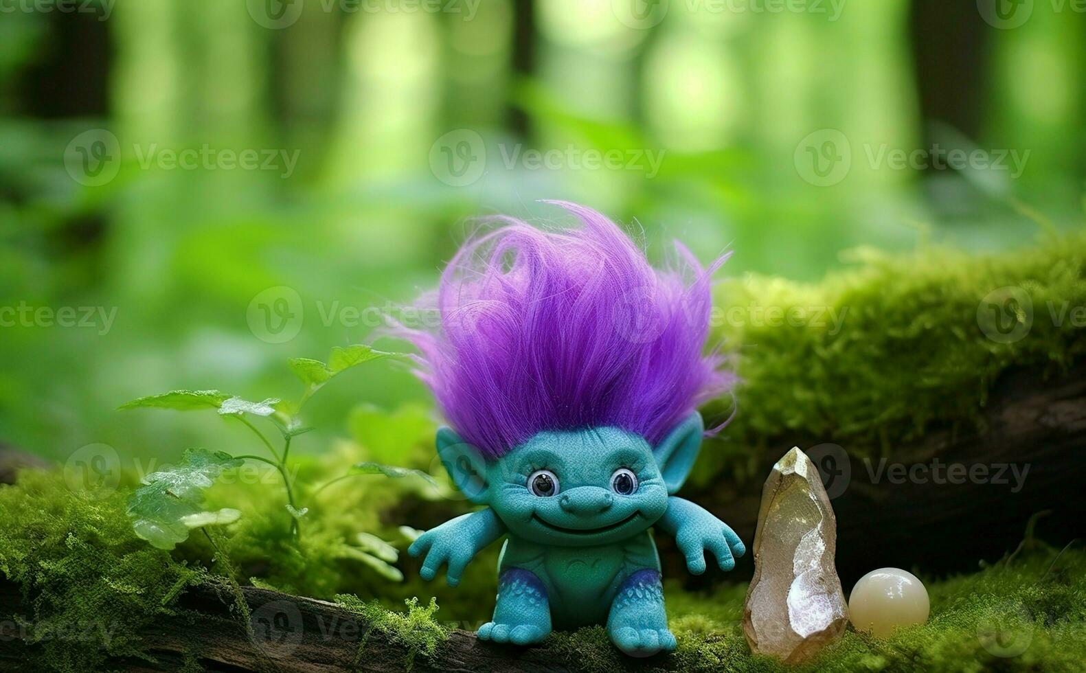 AI generated Tale troll with crystals in the forest, natural green background. Generative AI photo