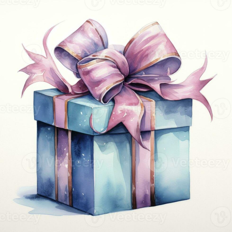 AI generated Watercolor birthday present with bow isolated on white background.  AI Generated photo