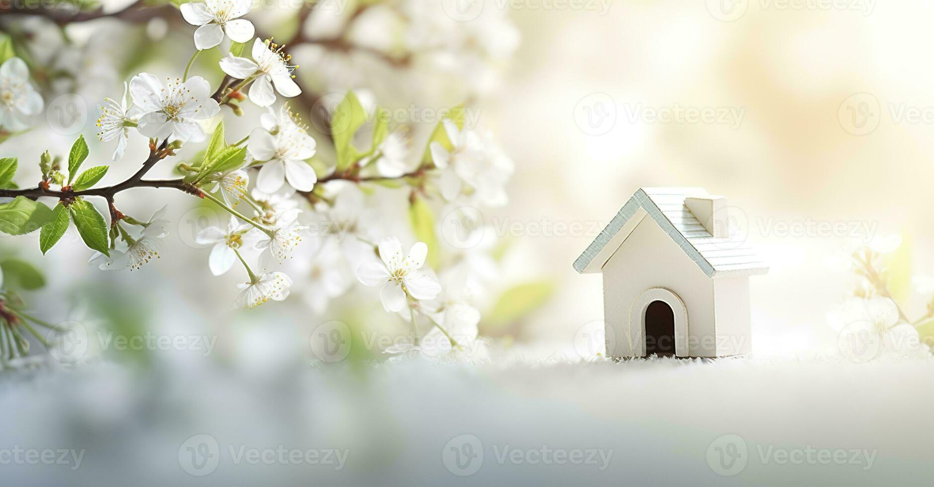 AI generated Toy house and cherry flowers, spring abstract natural background. Generative AI photo