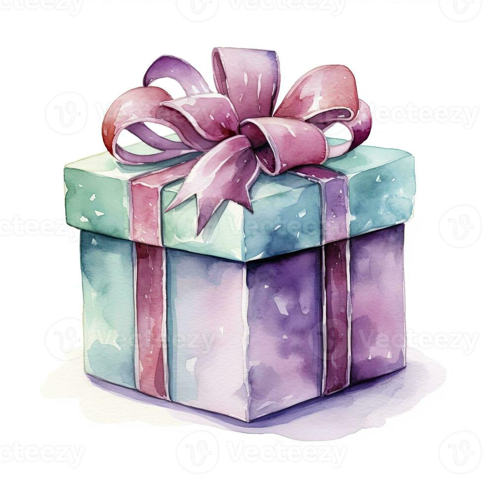 AI generated Watercolor birthday present with bow isolated on white background.  AI Generated photo