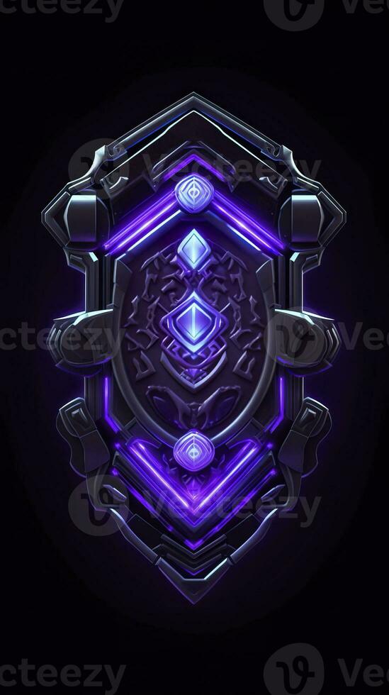 AI generated Amethyst 3D Minimalist Shield Design with a black or dark background with neon lines. AI Generative photo