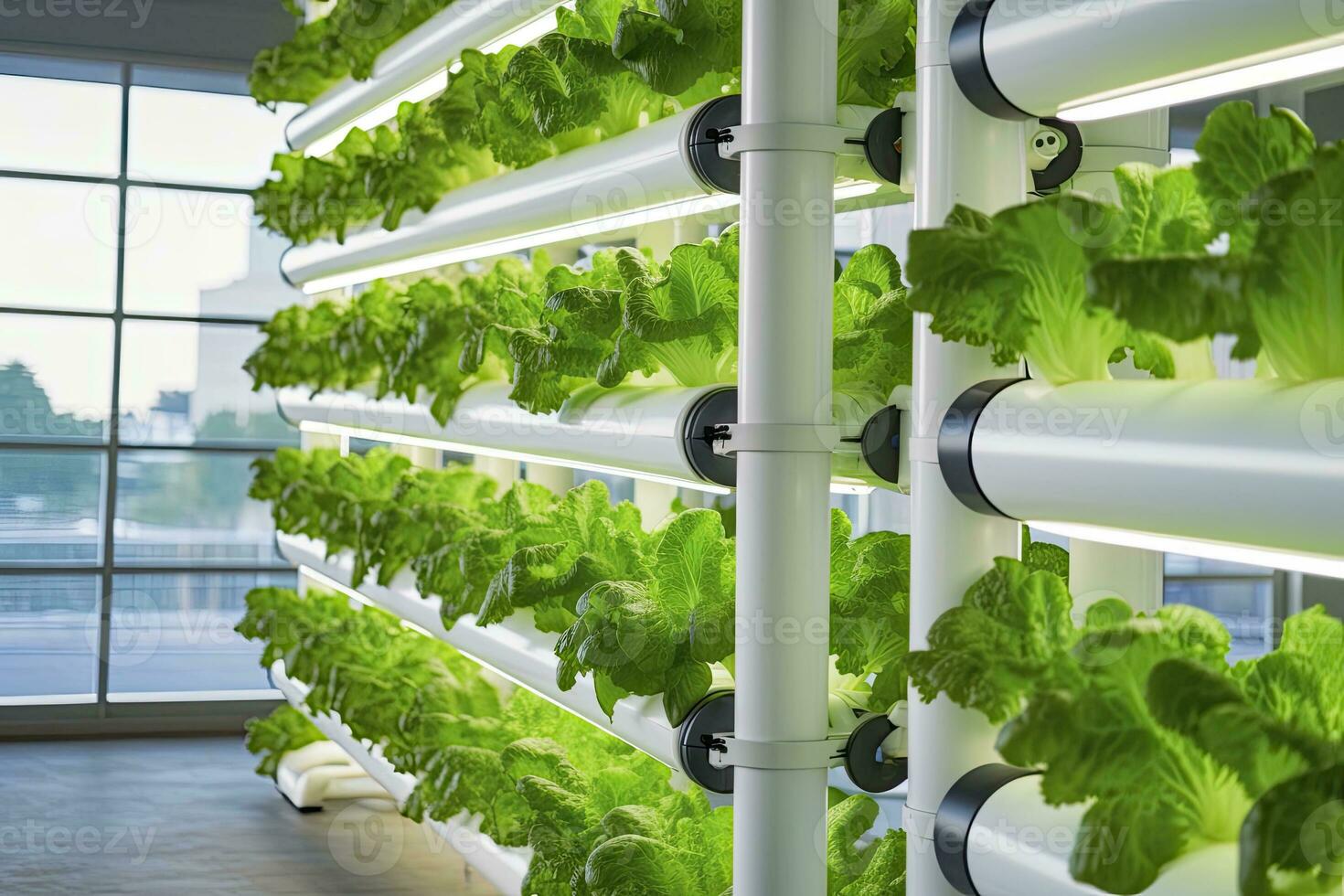 AI generated Vertical Hydroponic Plant System With Cultivated Lettuces. AI Generated photo
