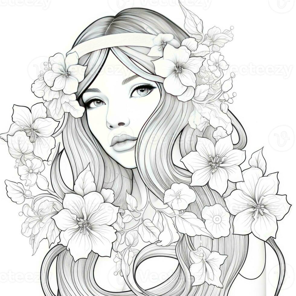 AI generated A girl on a coloring book page with Jasmine flowers. AI Generated photo