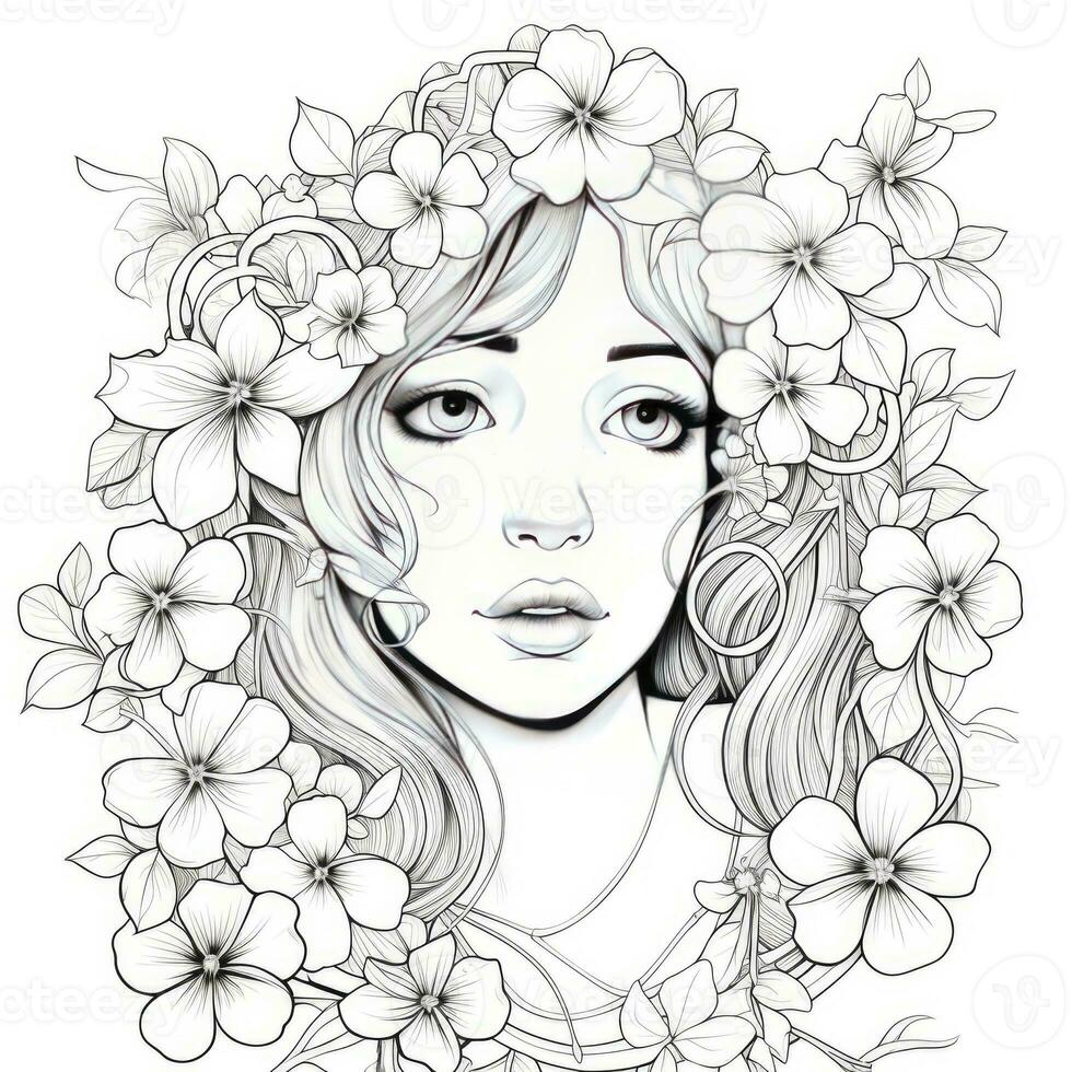 AI generated A girl on a coloring book page with Jasmine flowers. AI Generated photo