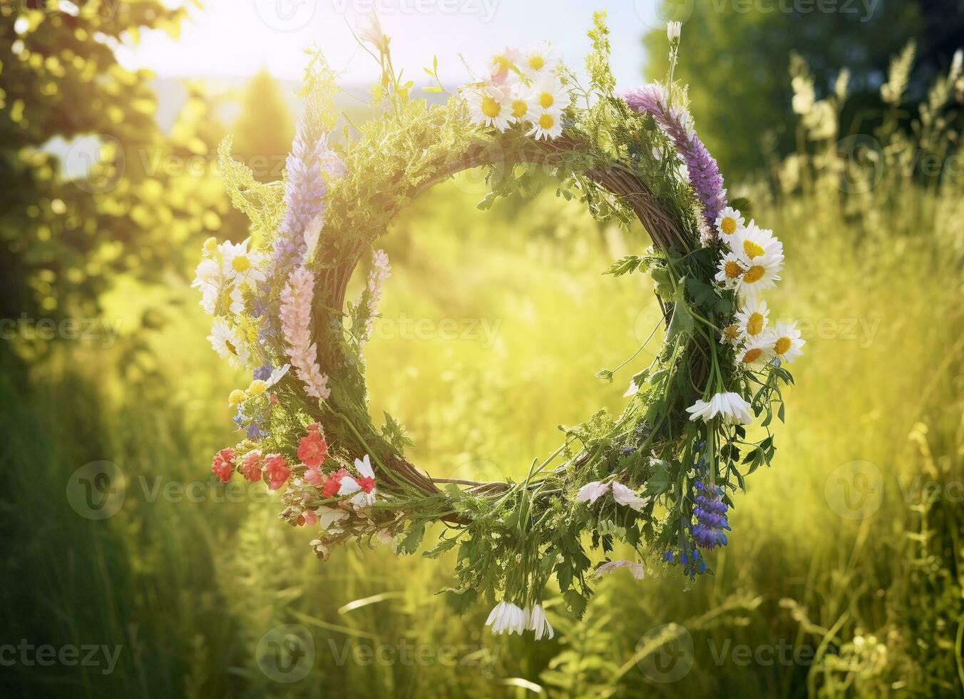 AI generated Rustic wildflowers wreath on a sunny meadow. Summer Solstice Day, Midsummer concept. Generative AI photo