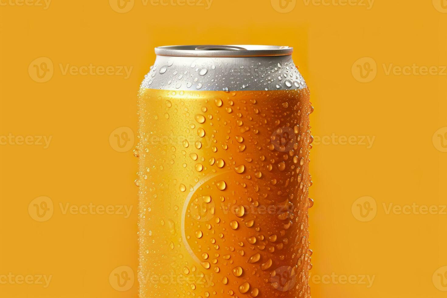 AI generated Can of fresh soda with water drops on orange background, closeup. Generative AI photo