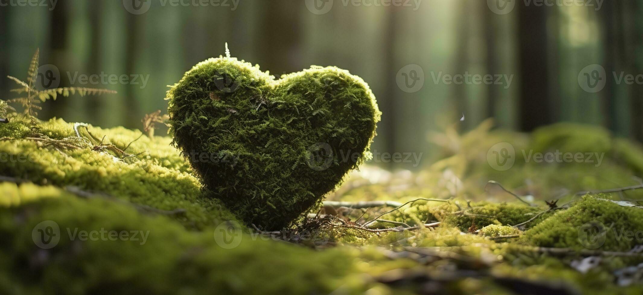 AI generated Closeup of wooden heart on moss. Natural burial grave in the woods. Generative AI photo