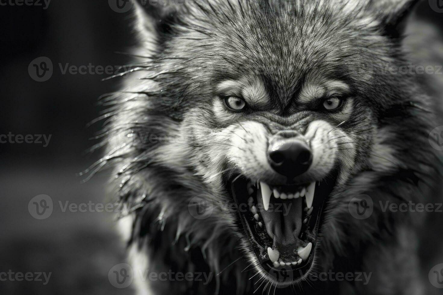 AI generated Greyscale closeup shot of an angry wolf with a blurred background. AI Generated photo