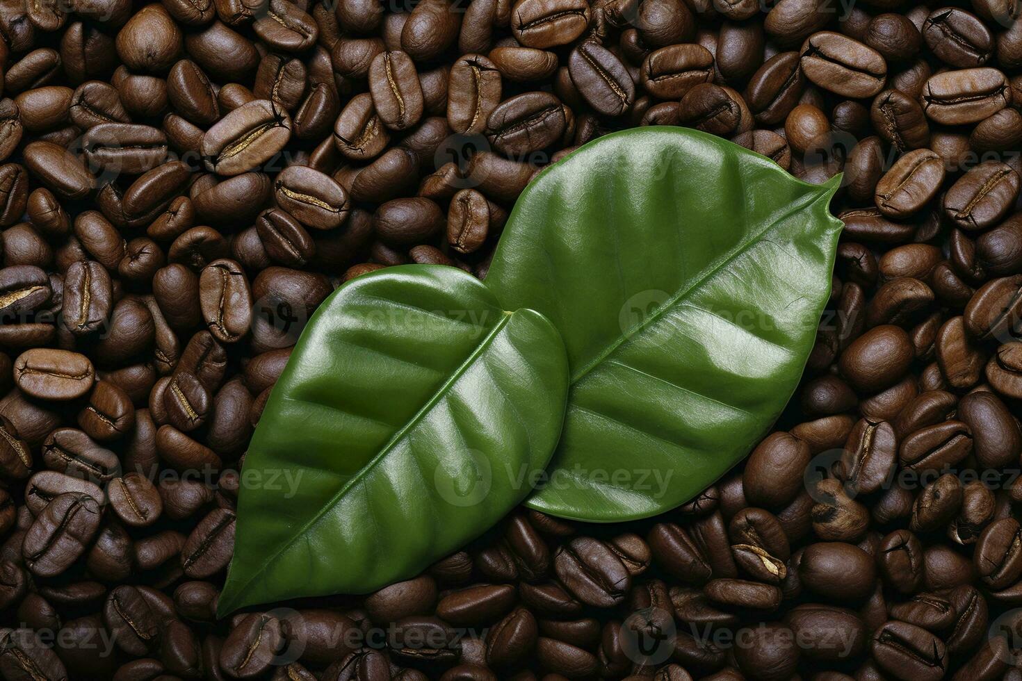 AI generated Green leaves with coffee beans as background. AI Generated photo