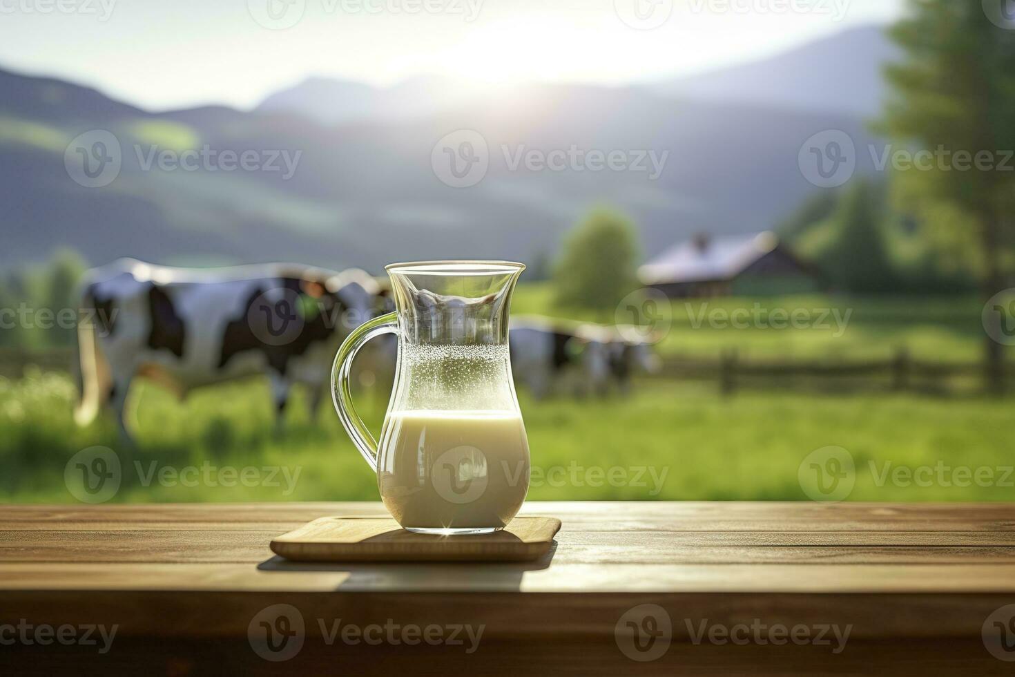 ai generado vaso lanzador con Fresco Leche en un de madera mesa. ai generado foto