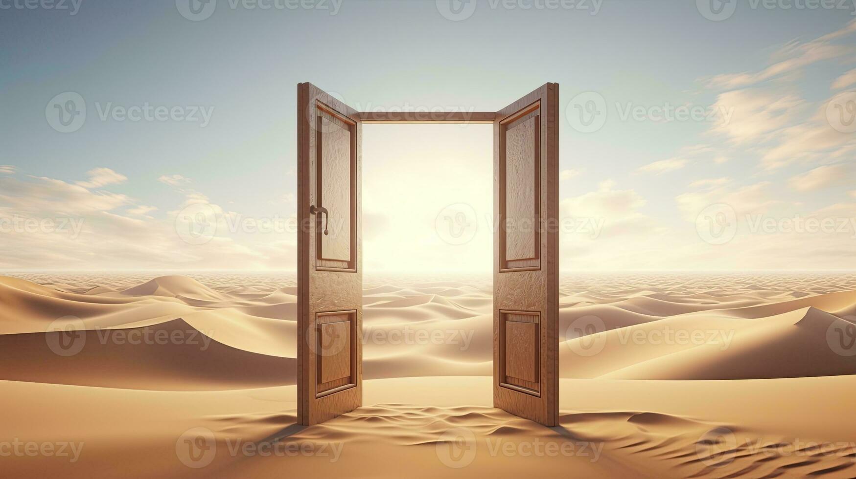 ai generado el abrió puerta en el desierto. desconocido y comienzo arriba concepto. ai generado. foto