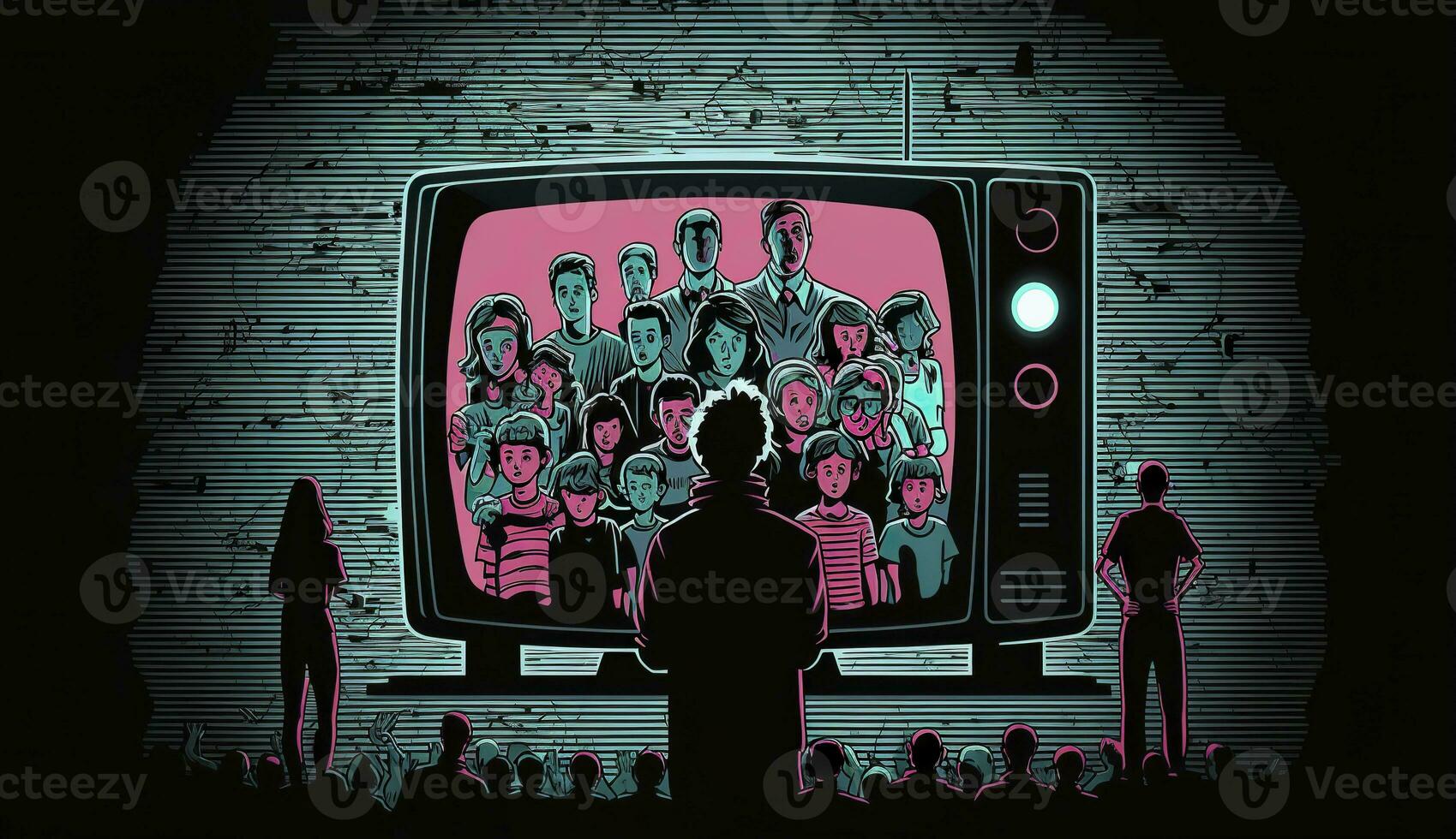 AI generated People crowd watching TV. TV addiction, propaganda and fake news concept. Generative AI photo