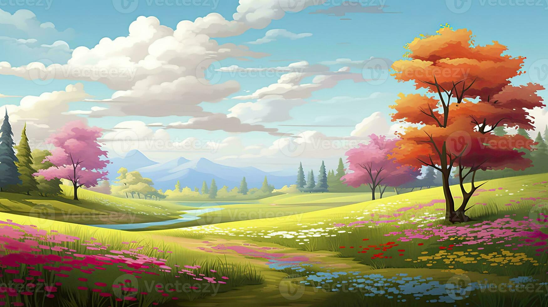 AI generated Spring season with colorful flowers and trees in a pretty meadow or field. AI Generated. photo