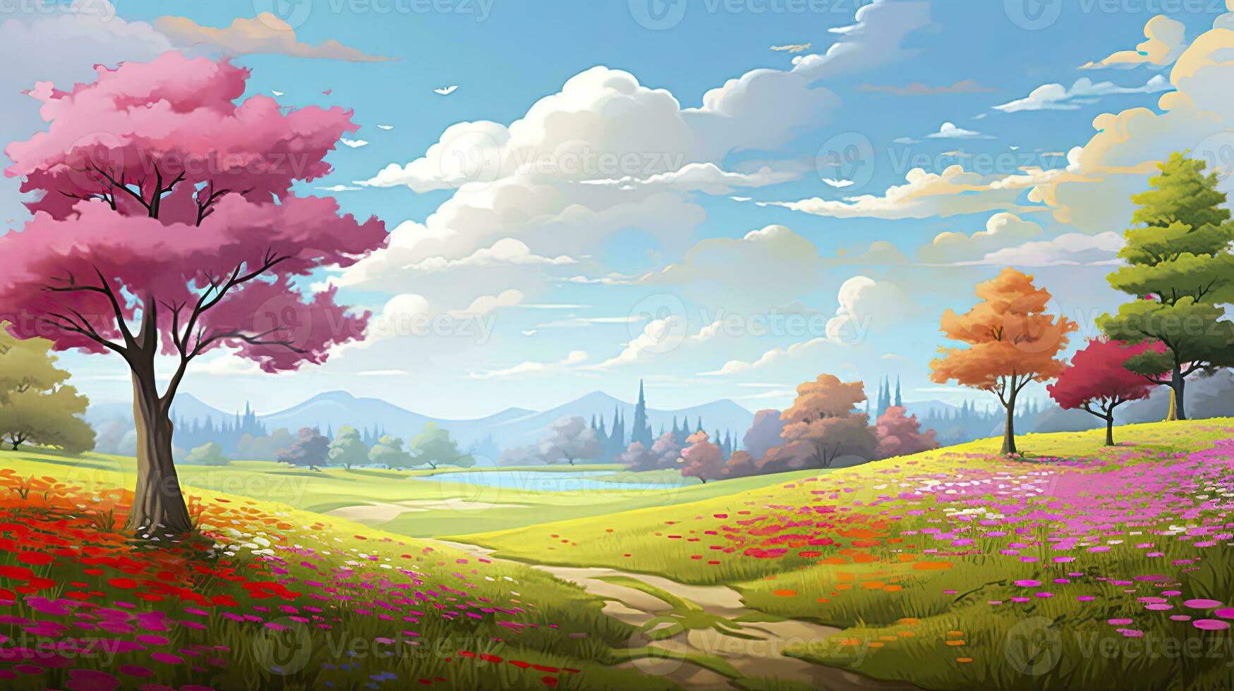 AI generated Spring season with colorful flowers and trees in a pretty meadow or field. AI Generated. photo