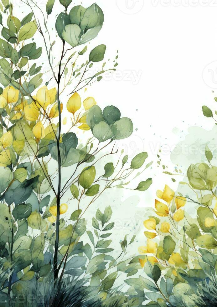 AI generated Floral frame with green leaves on white background. AI Generated photo