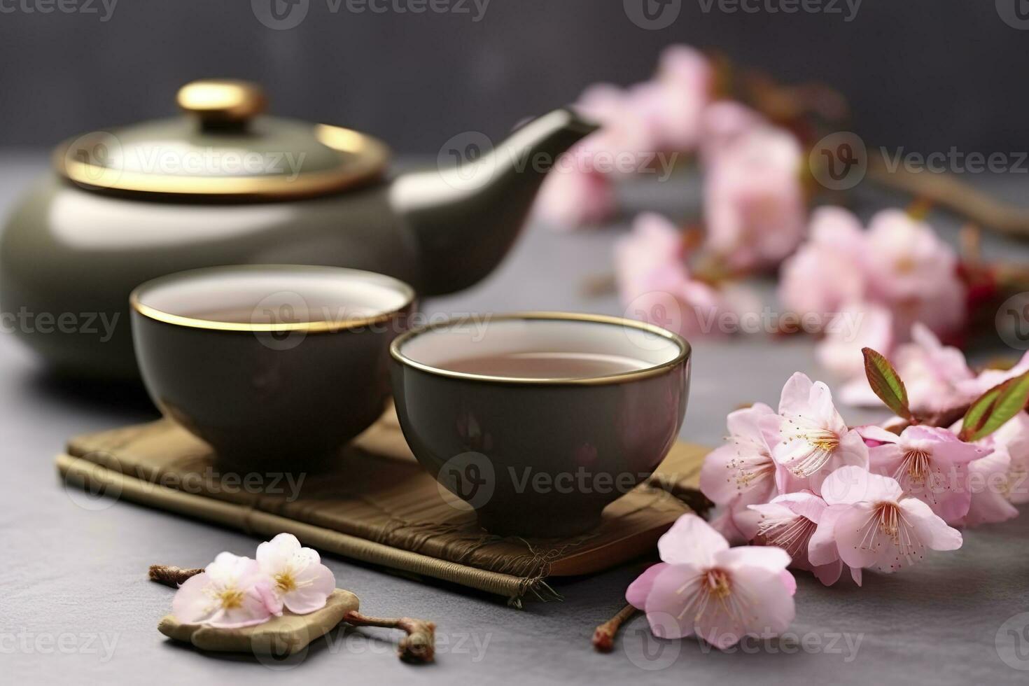 AI generated Traditional ceremony. Cups of brewed tea, teapot and sakura flowers on grey table. Generative AI photo