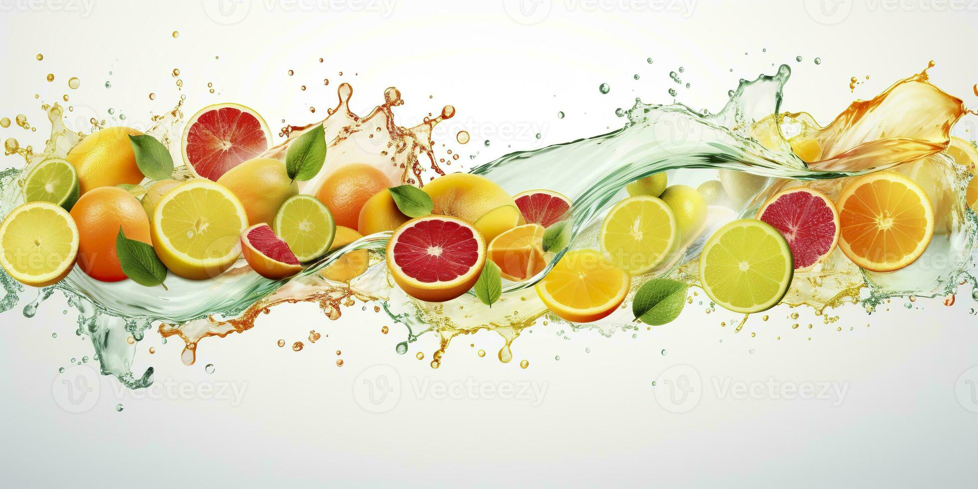 AI generated Swirl water splash with fruits. liquid flow with ice cubes and a mix of fresh fruits. Generative AI photo