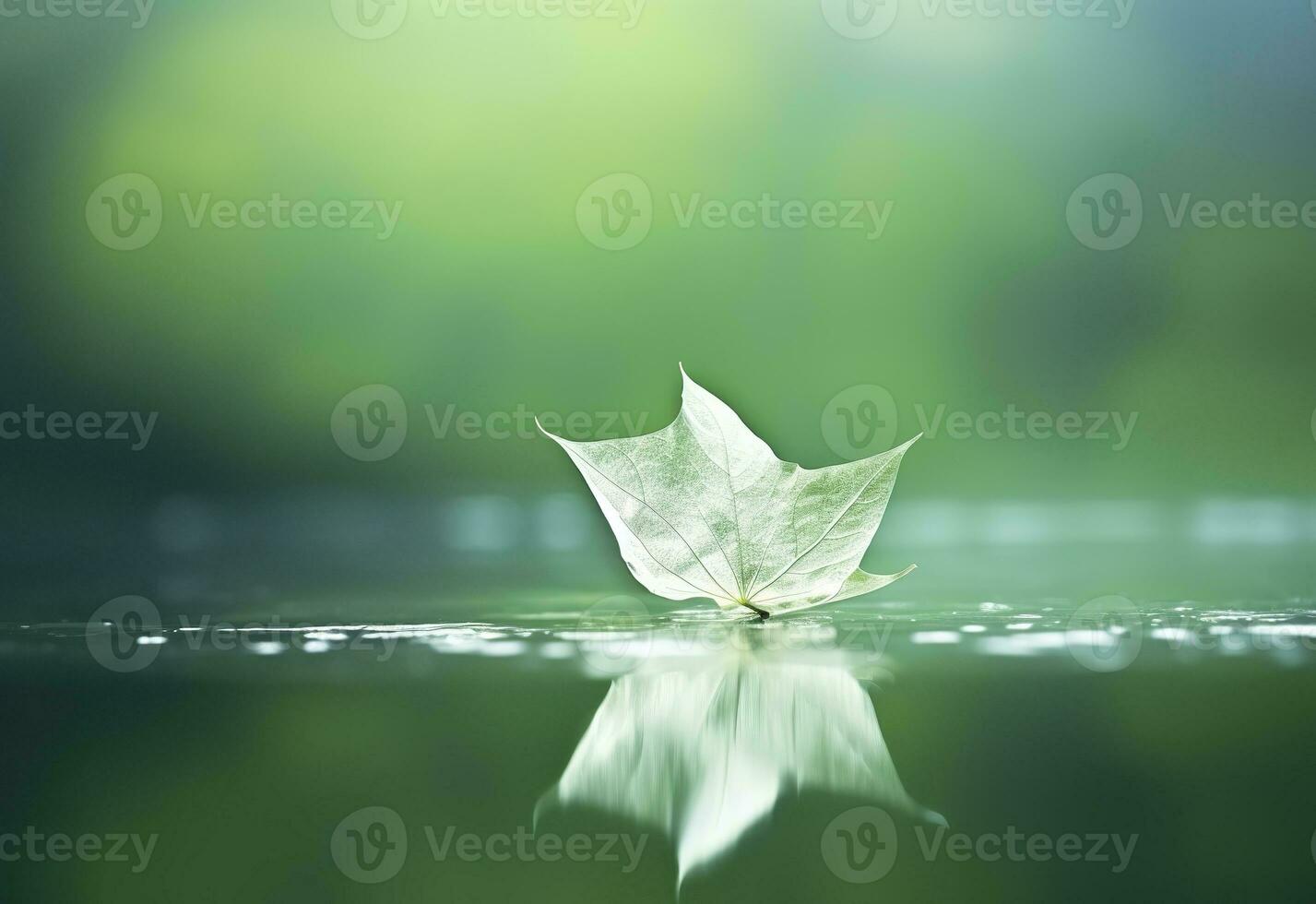 AI generated White transparent leaf on mirror surface with reflection on green background macro. Generative AI photo