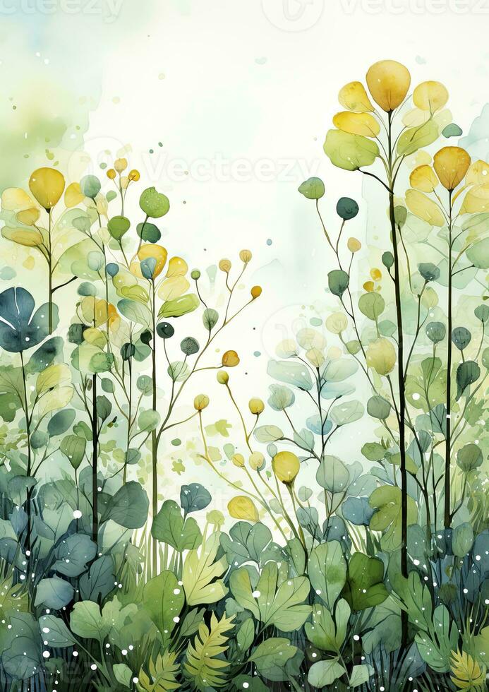 AI generated Floral frame with green leaves on white background. AI Generated photo