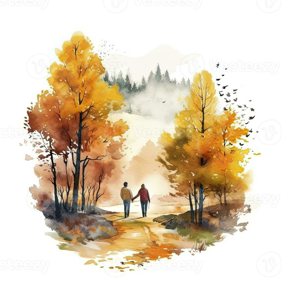 AI generated Watercolor autumn landscape with a couple walking. AI Generated photo