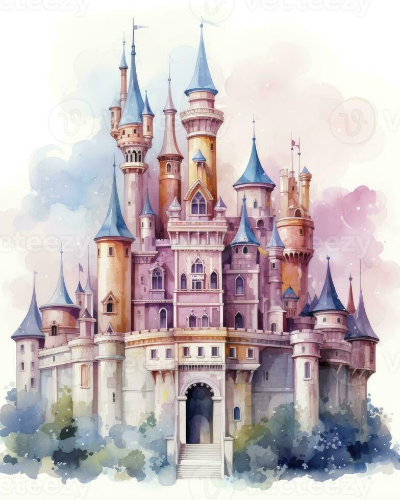 AI generated Colorful watercolor kawaii castle isolated on white background. AI Generated photo