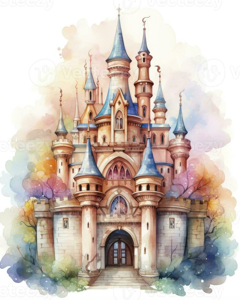 AI generated Colorful watercolor kawaii castle isolated on white background. AI Generated photo