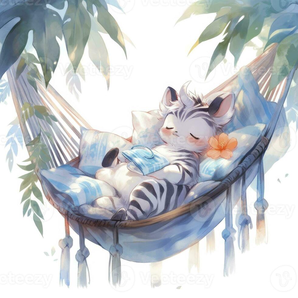 AI generated A sleepy baby zebra in a hammock. watercolor illustrations. AI Generated photo