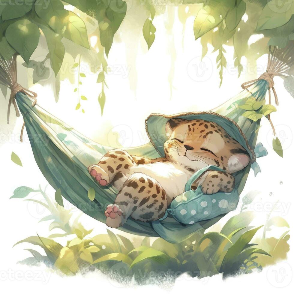 AI generated A sleepy baby leopard in a hammock. watercolor illustration. AI Generated photo