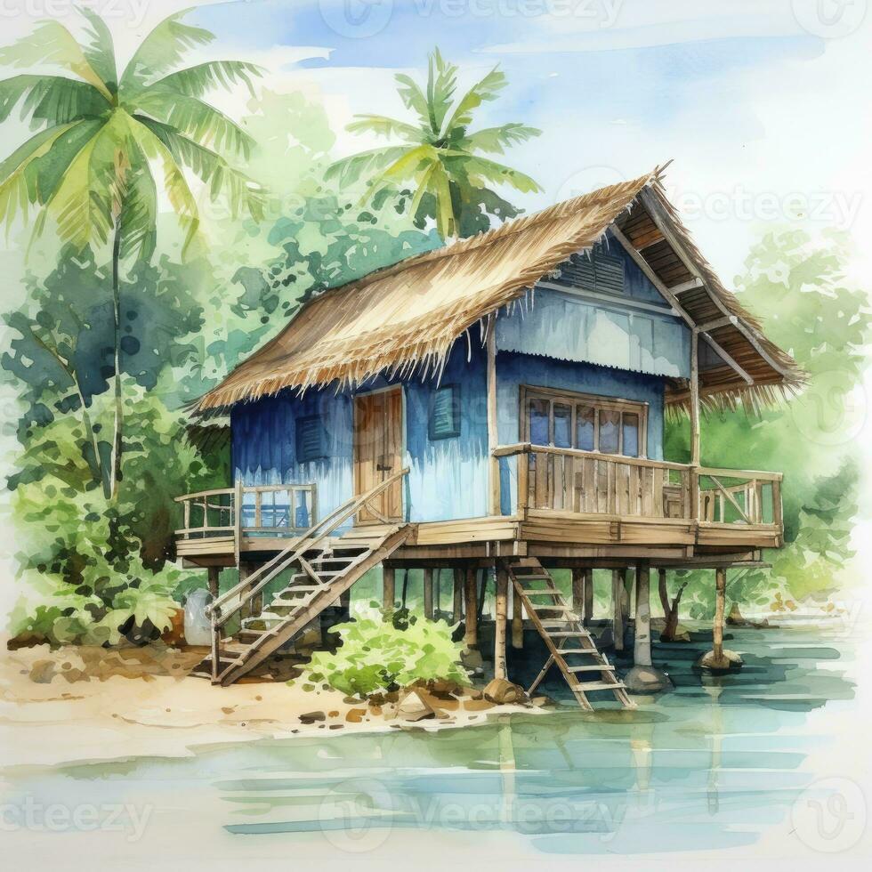 AI generated A watercolored bright serene image of a traditional bahay kubo. AI Generated photo