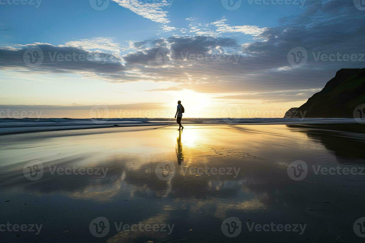 AI generated A person walking on the beach at sunset. AI Generated. photo