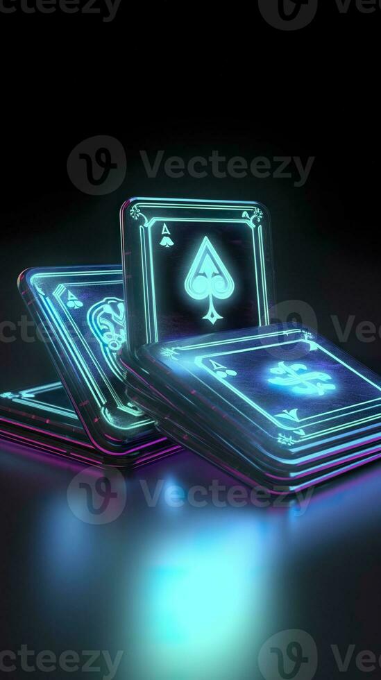 AI generated Some playing cards with glowing neon designs on a tablet. Generative AI photo