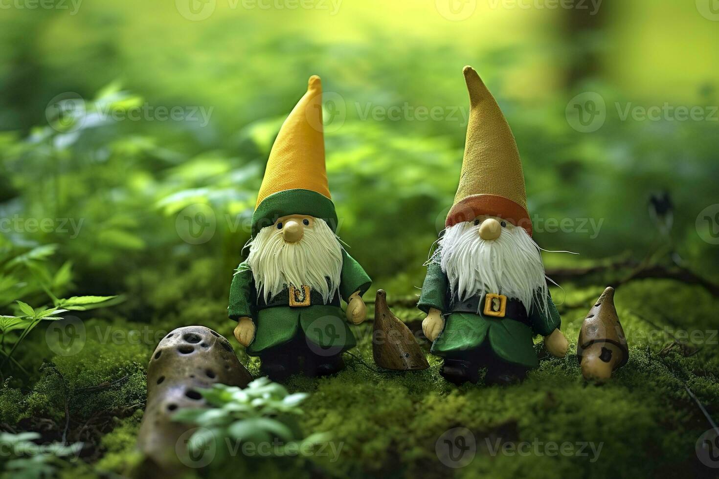 AI generated Toy Irish gnomes in a mystery forest, abstract green natural background. Generative AI photo