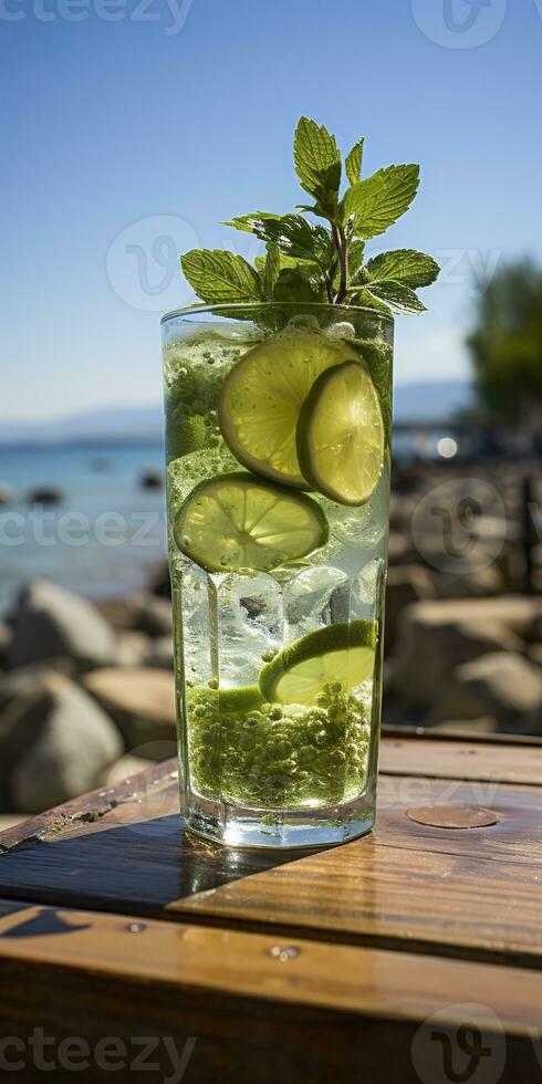 AI generated Stunning photo of cocktail mojito, a sunny summer beach in the background. Generative AI