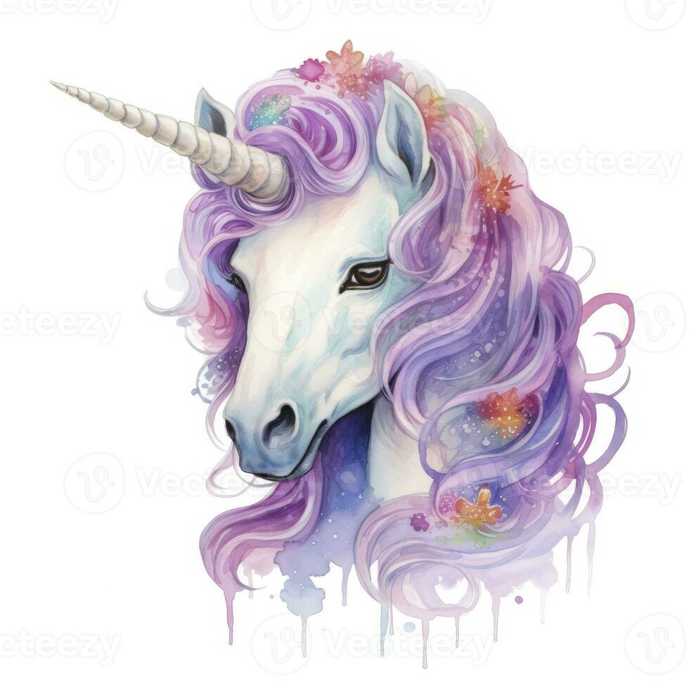 ai generado acuarela fantasía unicornio acortar Arte. ai generado foto