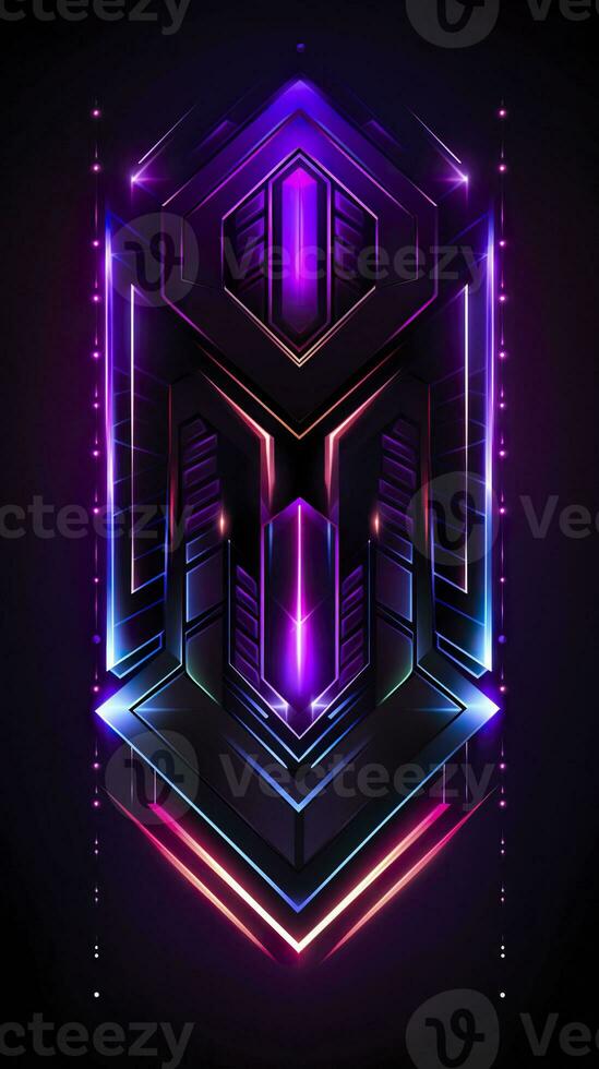 AI generated Amethyst 3D Minimalist Shield Design with a black or dark background with neon lines. AI Generative photo