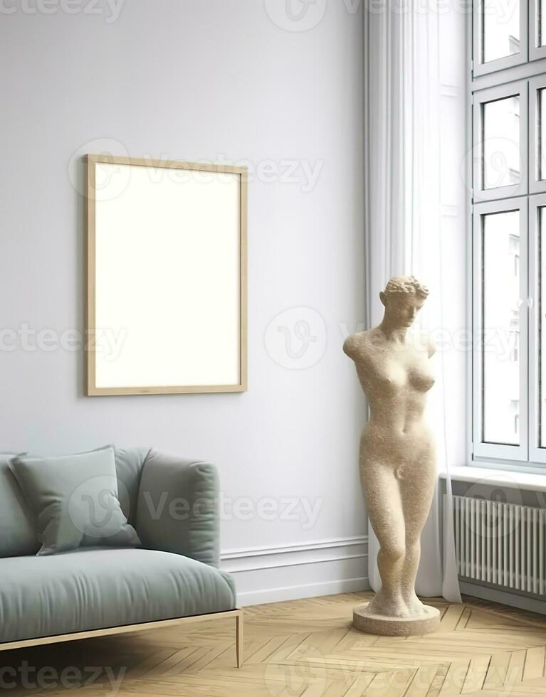 AI generated Mockup frame in contemporary Scandinavian living room interior, 3d render. AI Generative photo