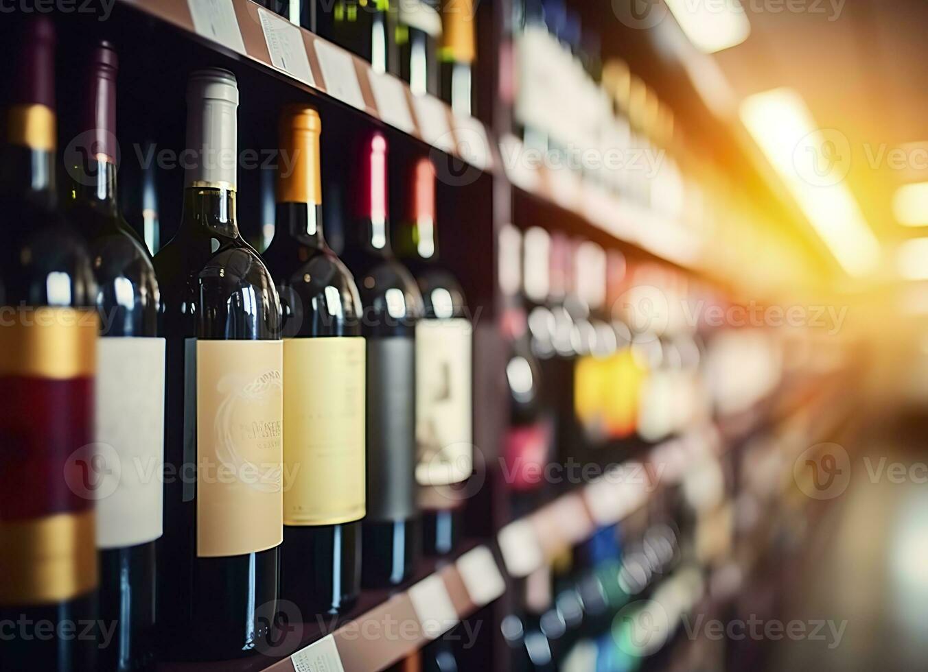 AI generated Abstract blur wine bottles on liquor alcohol shelves in supermarket store background. Generative AI photo